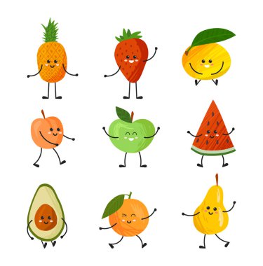 Komik meyveler. Karakterli çıkartma koleksiyonu. Çocuklar için ikon koleksiyonu. Vitamin, sağlıklı yiyecekler. Market, mağaza. Beyaz arkaplanda izole edilmiş çizgi film düz vektör çizimleri