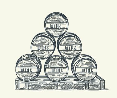 Altı şarap fıçısı içeren zarif bir vektör çizimi. Bu illüstrasyon, klasik ve zamansız bir estetik için şarap yapımının, ayrıntılı kalem darbelerinin kırsal cazibesini yakalar.