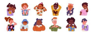 Çocukların duygusal ifadeleri beyaza izole edilmiş. Çeşitli karakterler, çeşitlilik, çok ırklı şirin çocuklar. El çizimi düz çizgi film vektör çizimi