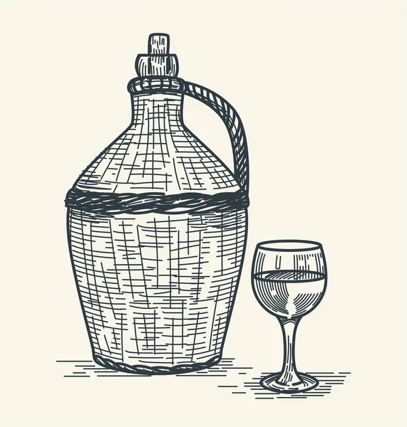 Elegant Pencil Sketch Featuring Wine Bottle Woven Basket Sealed Cork — Stock Vector