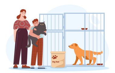 Hayvan barınağı konsepti. Kafesin yanında kedisi ve köpeği olan bir kadın. Anne ve oğul evcil hayvanları ve hayvanları önemser. Çizgi film düz vektör çizimi beyaz arkaplanda izole edildi