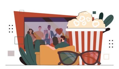 Ev sinemasındaki insanlar. Sandalyedeki kadın ve erkek oturup film izler. Patlamış mısır ve 3D gözlüklü sepet. Eğlence ve rahatlık. Çizgi film düz vektör çizimi beyaz arkaplanda izole edildi