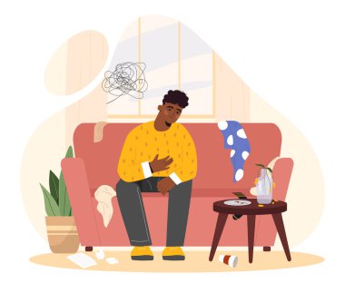 Depresyondaki adam. Olumsuz duyguları ve duyguları olan genç bir adam. Zihinsel ve psikolojik sorunlar. Dairende kargaşa ve kargaşa. Çizgi film düz vektör çizimi beyaz arkaplanda izole edildi