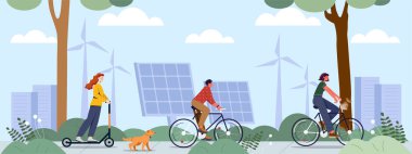 Çevre yeşili enerji şehirde. Güneş panelleri ve rüzgar değirmenlerinin arka planında bisiklet süren kadın ve erkekler. Ekolojiye ve fildişine önem ver. Sürdürülebilir yaşam tarzı. Çizgi film düz vektör çizimi