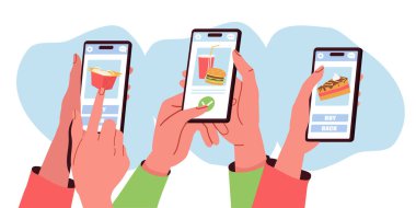 Yemek siparişi konsepti. Akıllı telefonlu eller fast food alıyor ve internetten yemek ısmarlıyor. Sodalı hamburger, ramen ve bir dilim pasta. Çizgi film düz vektör çizimi beyaz arkaplanda izole edildi