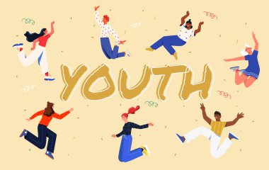 Mutlu gençler konsepti. Erkekler ve kadınlar gençlik yazıtlarında dans ediyorlar. Olumlu duygular, iyimserlik, mutluluk. Web sitesi afişi ya da afişi. Çizgi film düz vektör çizimi