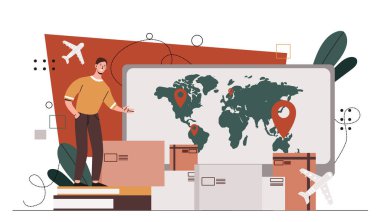 Uluslararası paket transferleri. Karton kutuların yanında duran bir adam. Uluslararası pazar, küresel iş. Mal ihracatı ve ithalatı. Çizgi film düz vektör çizimi beyaz arkaplanda izole edildi