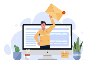 Yeni mesajı olan bir adam. İş iletişimi ve yazışmaları. E-postası olan genç adam. Bilgisayarında zarf olan karakter. Çizgi film düz vektör çizimi beyaz arkaplanda izole edildi