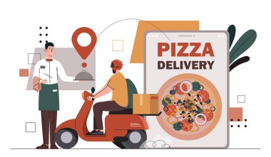 Pizza siparişi. Scooter 'daki adam müşterisinin yanında İtalyan mutfağı ve yemek servisi yapıyor. Bisikletteki kurye. Elektronik ticaret ve pazarlama. Çizgi film düz vektör çizimi
