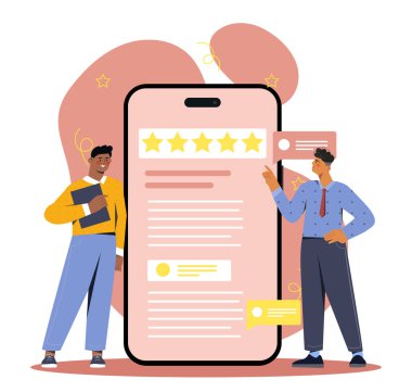 Çevrimiçi araştırma yapan adamlar. Sıralaması ve derecesi olan müşteriler. İnternet kullanıcıları için geri bildirim ve eleştiriler. Pazarlama ve elektronik ticaret. Çizgi film düz vektör çizimi