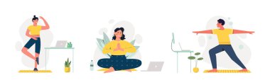 İnternetteki yoga seti. Farklı pozisyondaki bir kadın. Aktif yaşam tarzı ve spor. Fitness, antrenman ve antrenman. Kapalı alanda esneyen genç bir kız. Çizgi film düz vektör koleksiyonu beyaz arkaplanda izole edildi