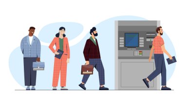 İnsanlar ATM kuyruğu konseptini çekiyor. Terminal yakınlarında banknotları olan bir kadın ve erkek. Finansal ve bankacılık operasyonları. Erkekler ve kızlar sırada bekliyor. Çizgi film düz vektör çizimi beyaz arkaplanda izole edildi