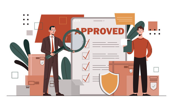 Контроль качества продукции. Двое мужчин с увеличительным стеклом рядом с документом с правилами. Гарантия и одобрение, сертификат на товар. Иллюстрация плоского вектора карикатуры на белом фоне