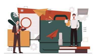 Sekreter konsepti. Evrak çantalı ve büyüteçli adamlar belgeleri değerlendirir. Şirket arşivi ve depolama işçileri. Çizgi film düz vektör çizimi beyaz arkaplanda izole edildi