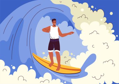 Summer scene with surfer. Man with surfboard. Active lifestyle and leisure, extreme sports. Holiday and vacation in tropical and exotic countries. Cartoon flat vector illustration clipart