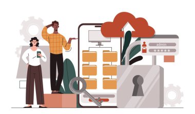 Sistem yöneticisi konsepti. Akıllı telefonun yanında dosyaları olan bir kadın ve erkek. Elektronik depolama ve arşiv. İşçiler ve meslektaşlar belgelerle çalışırlar. Çizgi film düz vektör çizimi