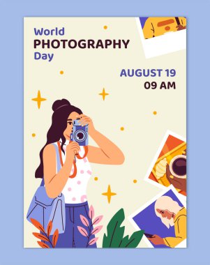 Dünya fotoğrafçılık günü. Kameralı kadın. Uluslararası bayram ve festival 12 Ağustos. Genç kız fotoğraf ve çekim yapıyor. Web sitesi afişi ya da afişi. Çizgi film düz vektör çizimi