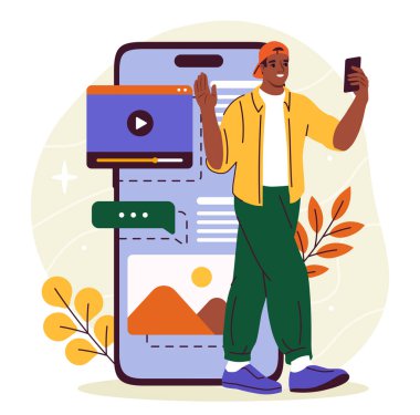 İçerik yaratma kavramı. Elinde akıllı telefon olan bir adam elinde yazı ve resimlerle makalelerin yanında. Sosyal ağlarda makaleleri olan genç bir adam. Çizgi film düz vektör çizimi beyaz arkaplanda izole edildi