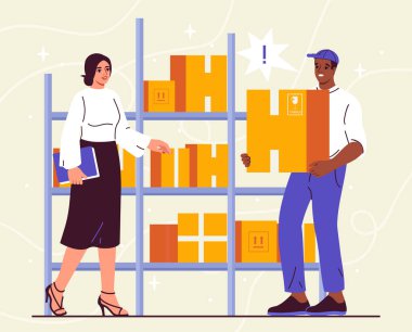 Yükleyici servis konsepti. Elinde karton kutu olan kadın ve adam. Didüsyon ve depo isçisi. Paketleri ve malları olan çalışanlar. Nakliye ve lojistik. Çizgi film düz vektör çizimi