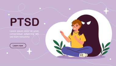 Psikolojik travma posteri. Çocuk gölgenin yanında oturuyor. Zihinsel ve psikolojik sorunları olan genç bir çocuk. Korku ve korku. İniş web sayfası tasarımı. Çizgi film düz vektör çizimi