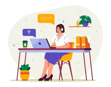 Teknik destek veren kadın. Kulaklıklı genç kız dizüstü bilgisayarla oturuyor. Çağrı merkezi ve yardım hattı operatörü. İşçi muhallebi sorularına cevap verir. Çizgi film düz vektör çizimi