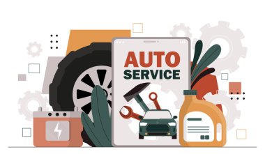 Otomatik servis elemanları. Araba tekerleği, alet seti ve akümülatör. Araba tamiri için çekiç ve İngiliz anahtarı. Modernizasyon ve aydınlatma. Çizgi film düz vektör çizimi beyaz arkaplanda izole edildi