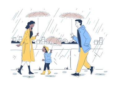 Yağmurda neşeli, genç bir aile. Şemsiyeli kadın ve erkek, sonbaharda oğluyla birlikte dışarı çıkar. Ebeveynlik ve çocukluk. Doodle düz vektör çizimi beyaz arkaplanda izole edildi