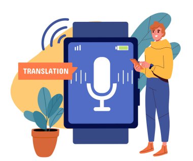 Saat çevirmeni olan adam. Aktif yaşam tarzı ve spor için modern aletleri olan genç bir adam. Teknoloji ve yenilikler. Çizgi film düz vektör çizimi beyaz arkaplanda izole edildi