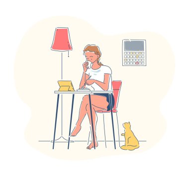 Boş günü olan bir kadın. Genç kız evde oturuyor ve çay içiyor. İşten ya da çalışmaktan dinlen. Tabletinde kedi saati içeriği olan sahibi. Doodle düz vektör çizimi beyaz arkaplanda izole edildi