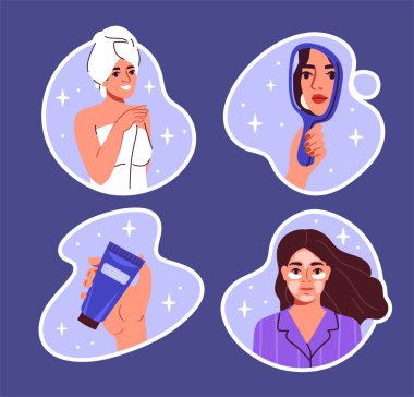 Make up stickers set. Woman with cosmetics products and mirror. Beauty procedures. Aesthetics and elegance. Creams and lotions. Cartoon flat vector collection isolated on blue background clipart