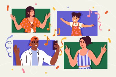 Çevrimiçi parti kavramı. Çocuklu bir adam ve kadın birlikte dans ediyorlar. Sosyal ağlarda görüntülü arama. Etkinlik, tatil ve festival internette. Çizgi film düz vektör çizimi bej arkaplanda izole edildi