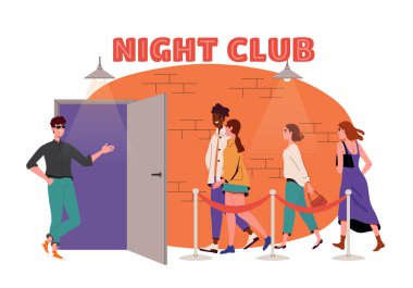 Gece kulübü kuyruğundaki insanlar. Modayı takip eden erkekler ve kadınlar diskoya gider. Parti ve etkinlik. Gençlik kültürü ve gece hayatı. Boş zaman ve eğlence. Çizgi film düz vektör çizimi beyaz arkaplanda izole edildi
