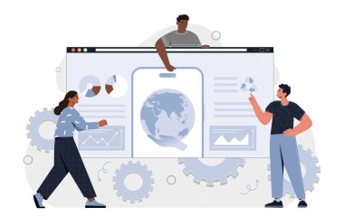 Sunum konsepti olan insanlar. İnternet sitesi için UI ve UX tasarımlı kadın ve erkekler. Analistlerden oluşan bir ekip grafikleri ve şemaları analiz eder. Görsel yardım ve bilgi grafikleri. Çizgi film düz vektör çizimi