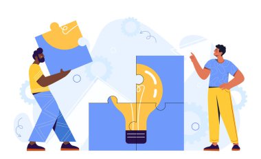 Fikir arayışı. Ampullü bulmacalı adamlar. Yaratıcılık ve beyin fırtınası. İş projeli işçiler ya da işe başlayanlar. Çizgi film düz vektör çizimi beyaz arkaplanda izole edildi