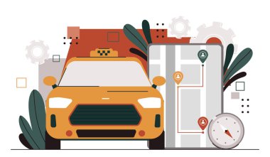 Taksi navigasyon konsepti. Sarı araba, güzergahlı akıllı telefonun yanında. Seyahat ve seyahat. Şehir altyapısı. Turistler için nakliye emri verin. Çizgi film düz vektör çizimi beyaz arkaplanda izole edildi