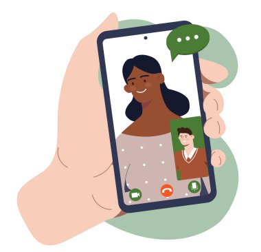 Video iletişim konsepti. Kadın ve erkek akıllı telefon aracılığıyla iletişim kurar. Sosyal ağlarda ve habercilerde etkileşim. Çizgi film düz vektör çizimi beyaz arkaplanda izole edildi
