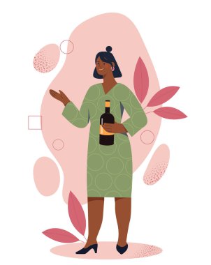 Şarap sunumu konsepti. Kadın elinde bir şişe alokolik içkiyle ayakta duruyor. Şaraphane ürünleri satan genç bir kız. Meşrubat karakteri. Çizgi film düz vektör çizimi beyaz arkaplanda izole edildi