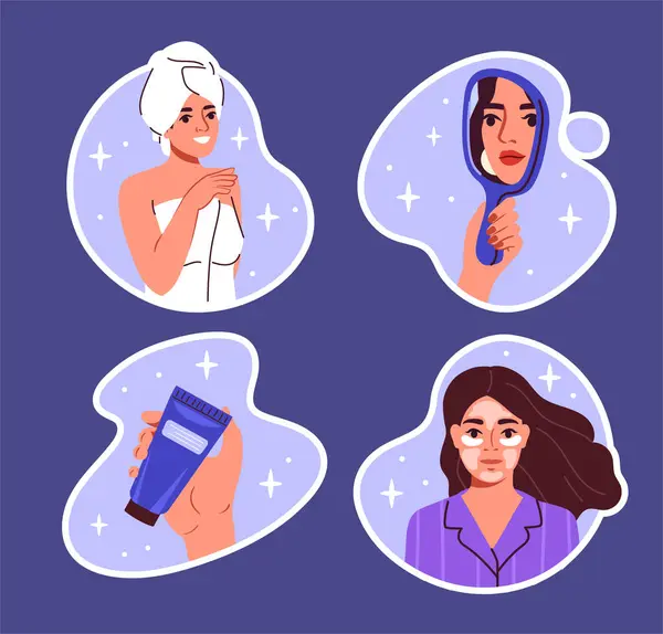 Make Stickers Set Woman Cosmetics Products Mirror Beauty Procedures Aesthetics — Stock Vector