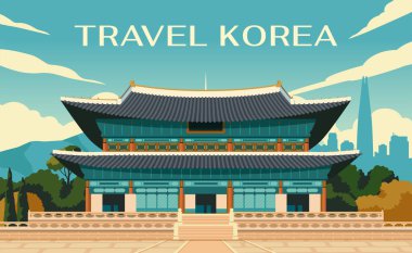 Seyahat yeri posteri. Geleneksel Asya binası ya da mimari simgesi. Kore 'ye yolculuk. Turizm, gezi ya da yaz tatili. Kore sarayını ziyaret et. Çizgi film düz vektör çizimi