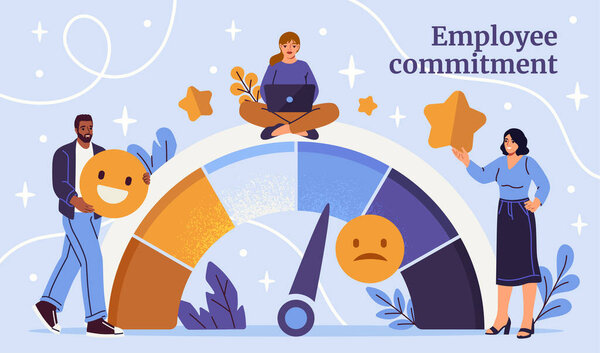 Уровень ответственности сотрудников. Счастливые сотрудники довольны условиями труда. Работники со звёздами мотивированы на успех бизнеса. Вовлечение и преданность компании. Мультфильм с плоским вектором