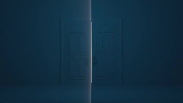 Вход Блеск Две Двери Распахиваются Темной Комнате Символизируя Правильный Выбор — стоковое видео
