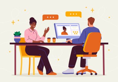 Ofis konseptinde işe alım. Bilgisayarın yanındaki kadın ve erkek adayları değerlendirir. İnsan Kaynakları müdürüyle iş görüşmesi. Aday boşalmış. Adam toplama ve kelle avcılığı. Çizgi film düz vektör çizimi