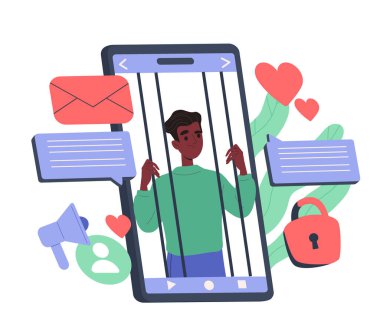 Akıllı telefondan kendini izole et. Telefon ekranında kafeste bir mahkum var. Özsaygısı düşük bir mahkum. Negatif duygular ve duygular. Çizgi film düz vektör çizimi beyaz arkaplanda izole edildi