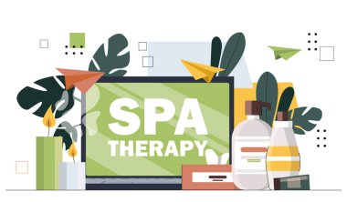 SPA terapi konsepti. Aroma mumlarının yanındaki kremler ve losyonlar. Rahatlayın ve dinlenin, iyi varlıklar. Deri ve yüz bakımı prosedürleri. Çizgi film düz vektör çizimi beyaz arkaplanda izole edildi