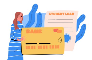 Öğrenci kredisi alan kadın. Kredi kartı ve kontratı olan genç bir kız. Finansal okuryazarlık, bütçe ve muhasebe. Çizgi film düz vektör çizimi beyaz arkaplanda izole edildi