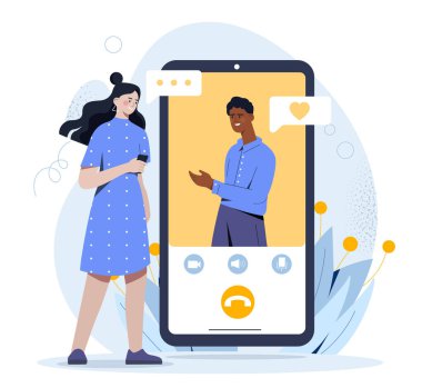 Sanal ilişkiler konsepti. Kadın ve erkek akıllı telefon ekranında iletişim kurar. Sosyal ağlarda iletişim. İnternetteki video kaset. Çizgi film düz vektör çizimi beyaz arkaplanda izole edildi