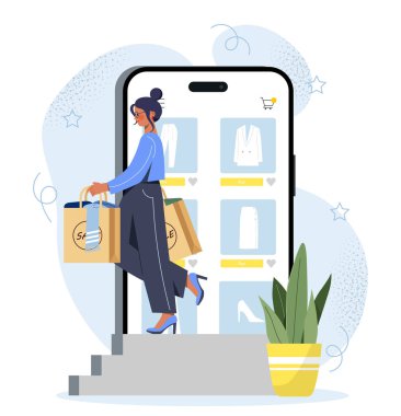 Kadınlar online alışveriş yapar. Akıllı telefon ekranının yanında alışveriş poşetleri taşıyan genç bir kız. Elektronik ticaret ve pazarlama. İndirim ve promosyon, satış. Çizgi film düz vektör çizimi