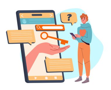 Cevap arayan bir adam. Akıllı telefonun yanında mesajları ve anahtarları olan genç bir adam. Modern teknolojiler ve web siteleri için arama motoru. Bilgi ve bilgi, rehber. Çizgi film düz vektör çizimi