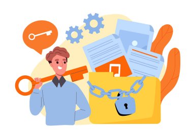 Adam klasör konseptini açıyor. Belge ve dosyaların yanındaki genç adam. Depo veya arşivdeki elektronik bilgiler. Güvenlik ve güvenlik giriş ve şifreyle. Çizgi film düz vektör çizimi