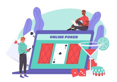 Online poker konsepti. Kart oynayan ve saatli gözlüklü adamlar. Şans ve servet için kumar ve oyunlar. Kumarhanedeki gençler. Çizgi film düz vektör çizimi beyaz arkaplanda izole edildi